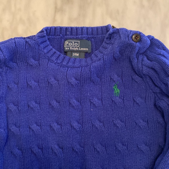Unisex Blue Cable Knit Polo Sweater - Picture 2 of 3